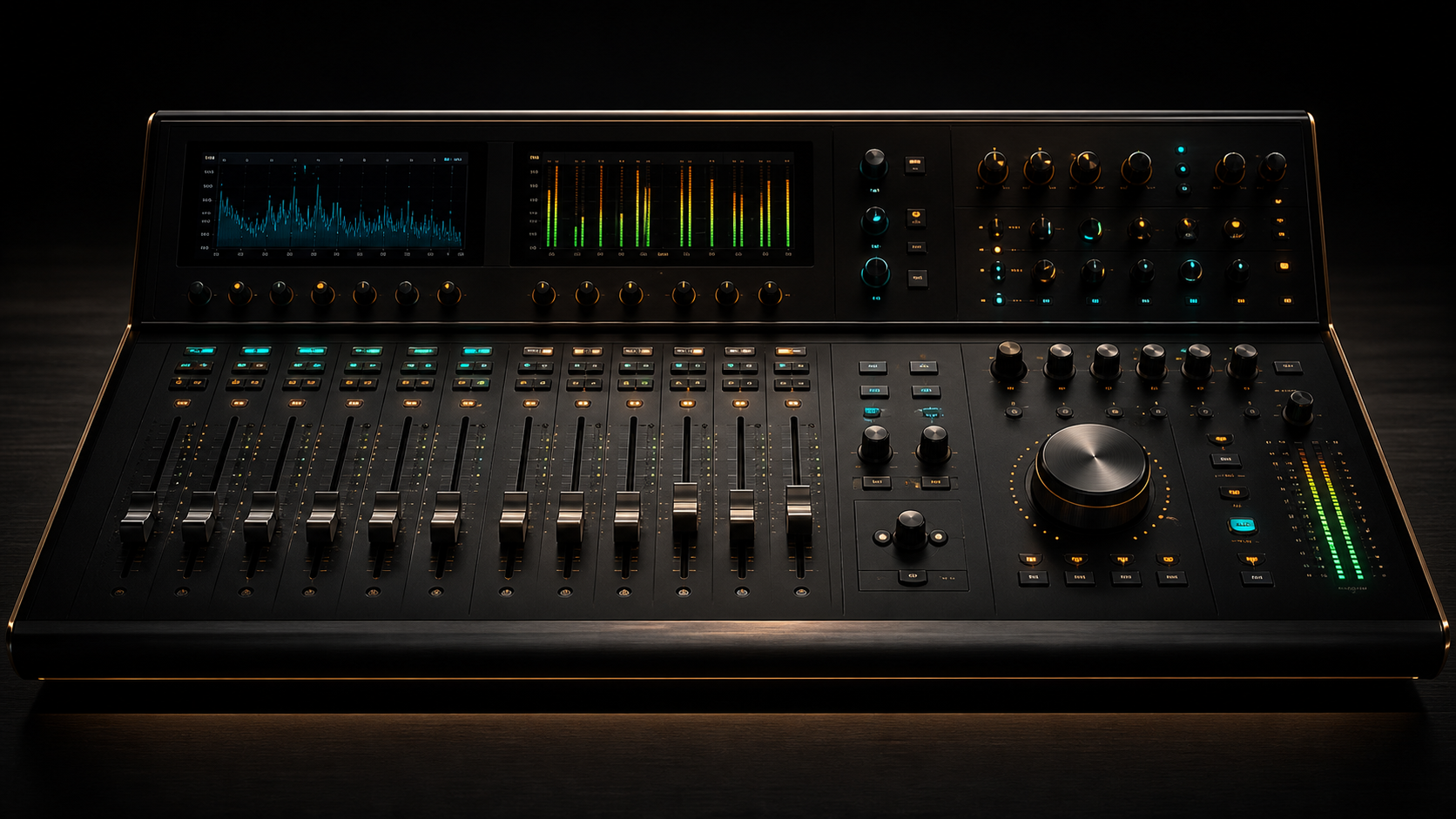 LED-lit mastering desk with illuminated controls